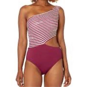 MICHAEL KORS Red and White Striped One-Shoulder Swimsuit. Size 8. Never worn!